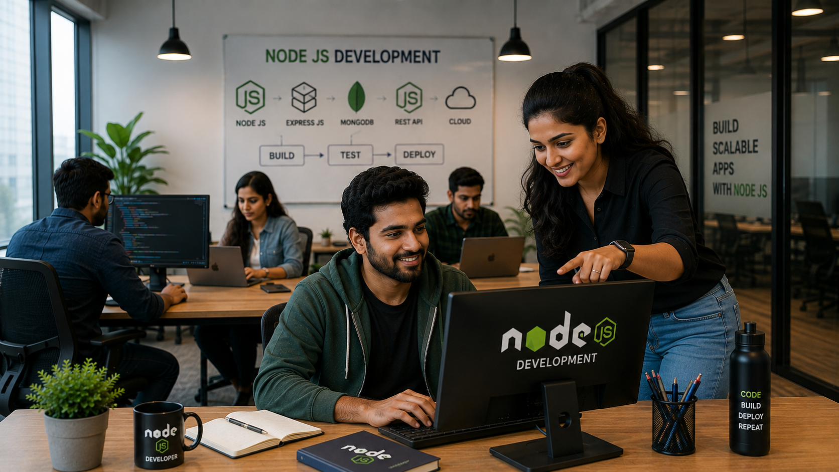 Node.js developers collaborating on backend application architecture