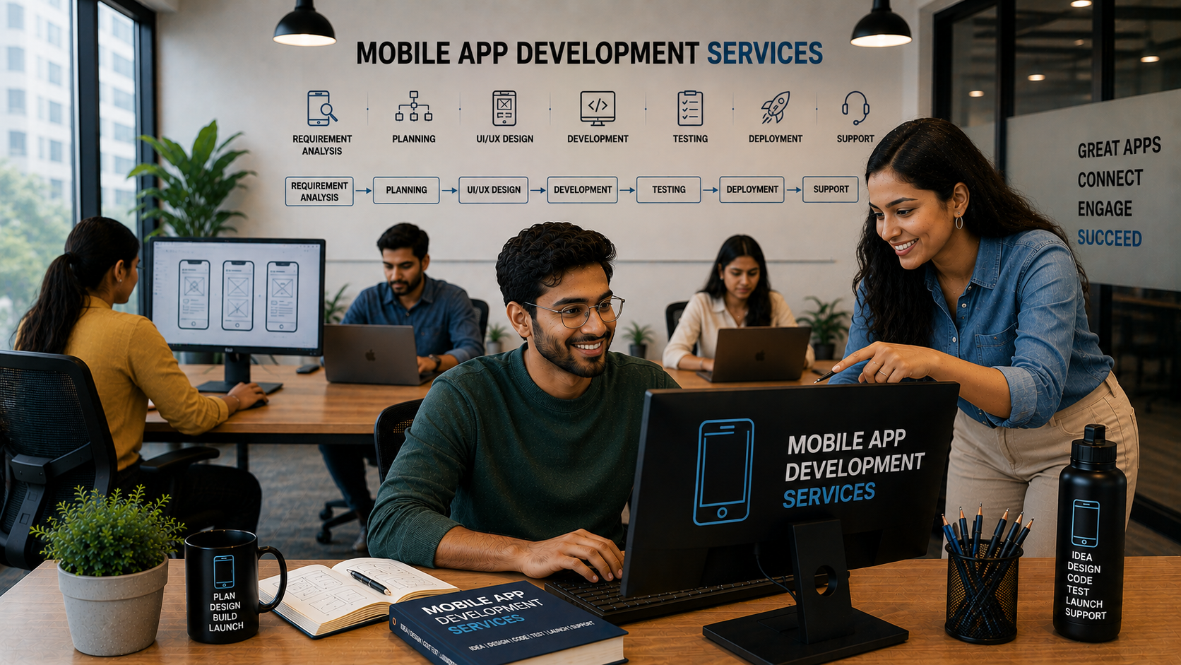 Mobile app developers collaborating on a product release