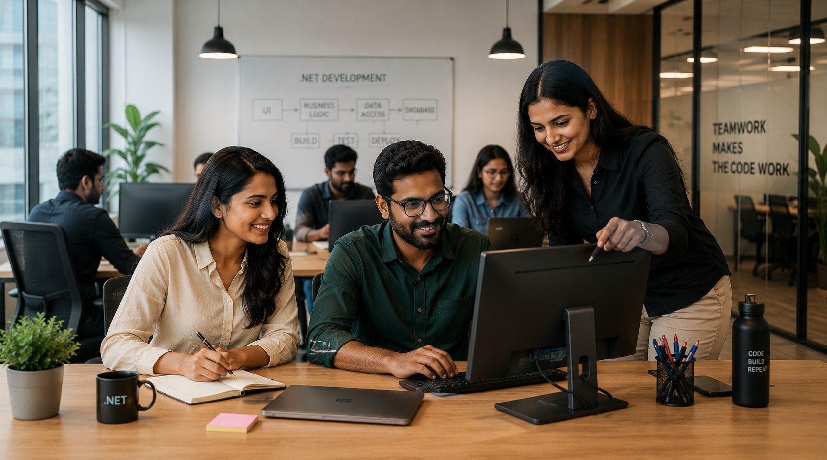 .NET developers collaborating on a custom enterprise application