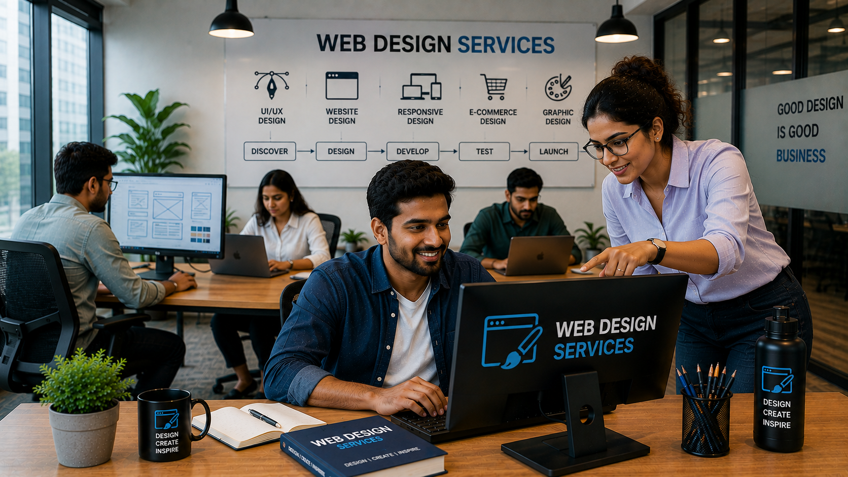 Web designers collaborating on responsive page concepts