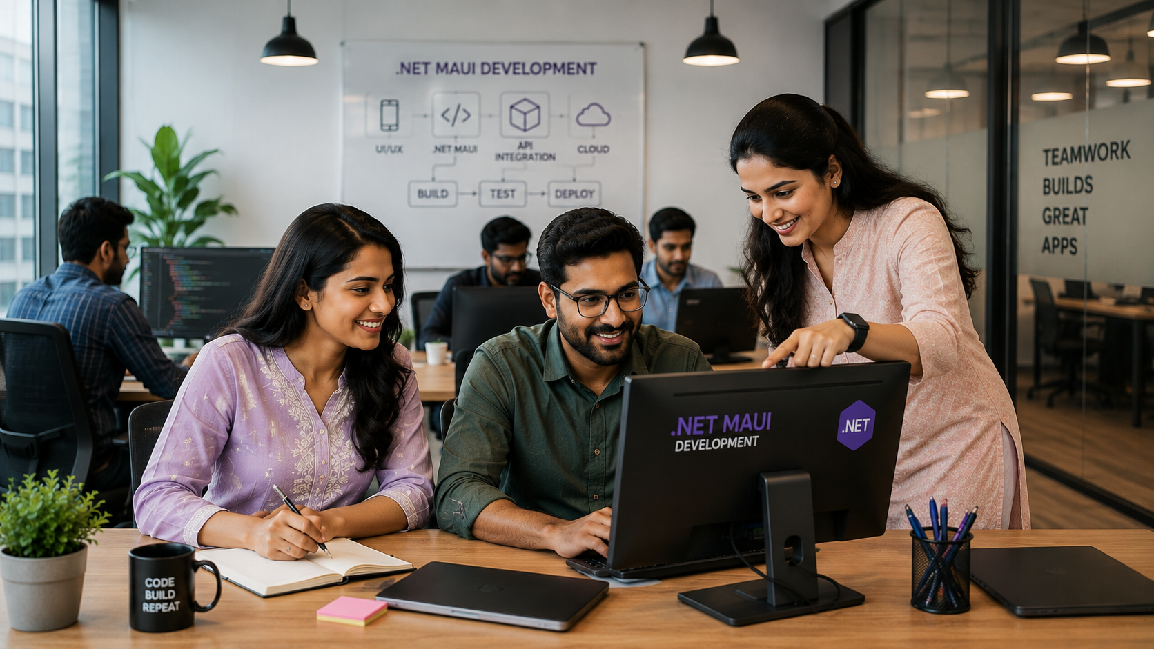 .NET MAUI developers collaborating on a cross-platform application