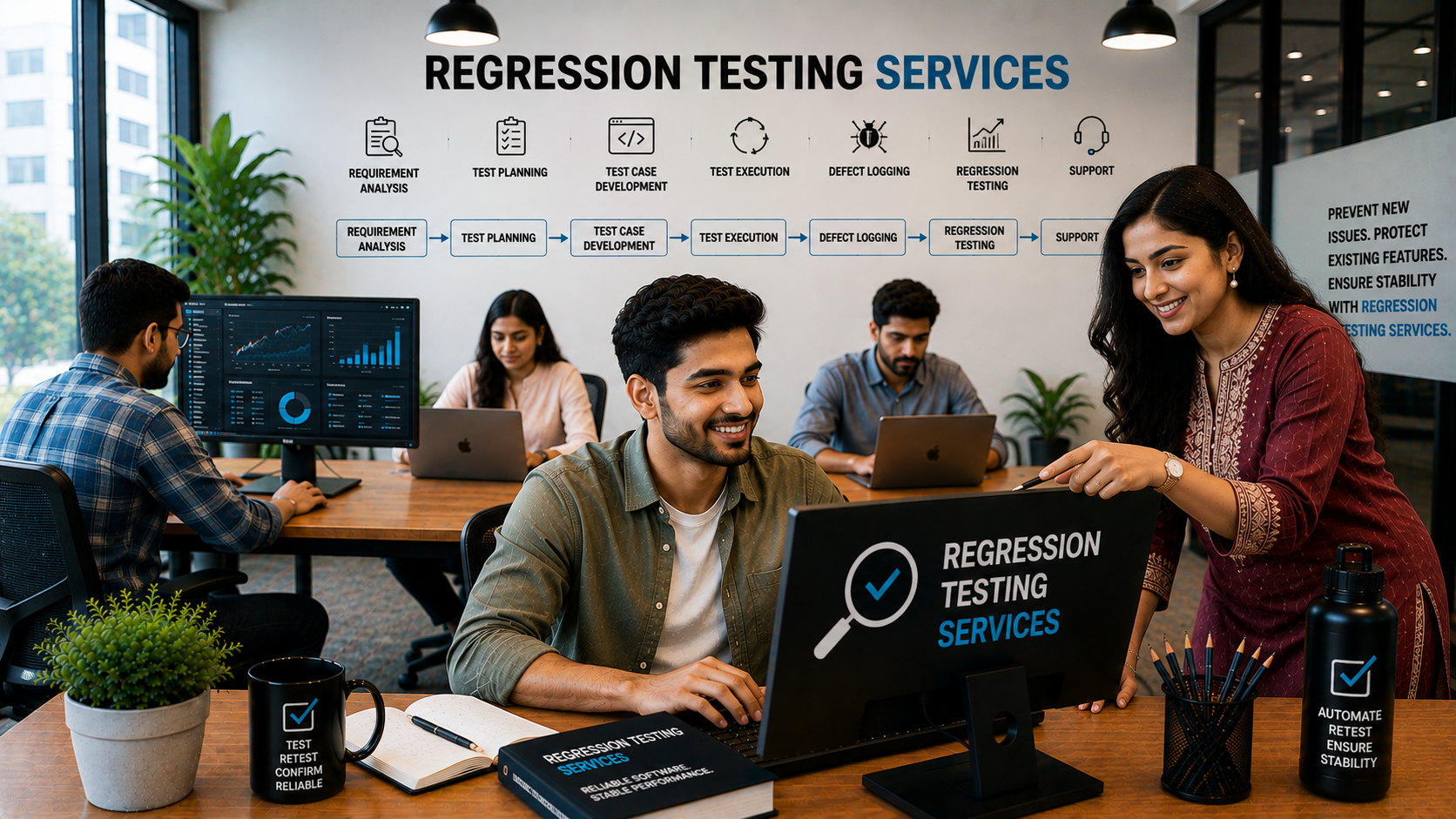 Quality assurance specialists reviewing regression test results