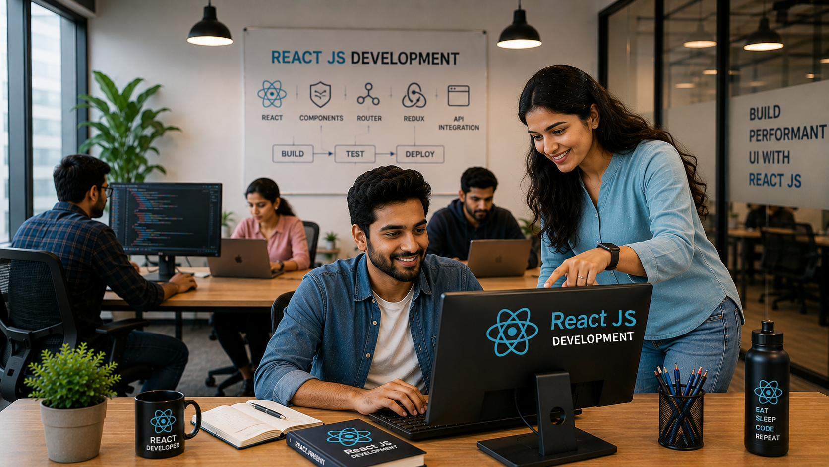 React.js developers collaborating on reusable interface components