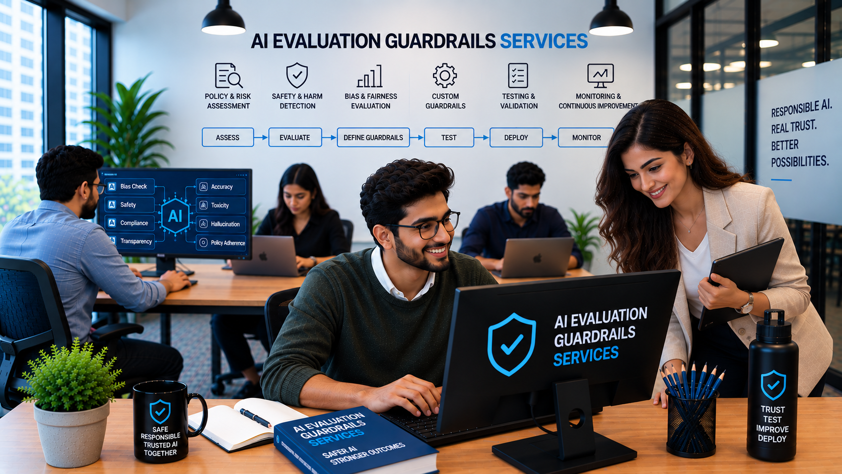 AI evaluation team reviewing model quality, guardrails and production behavior