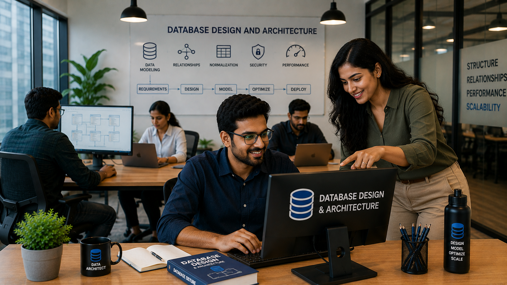 Database architects reviewing data models and system requirements