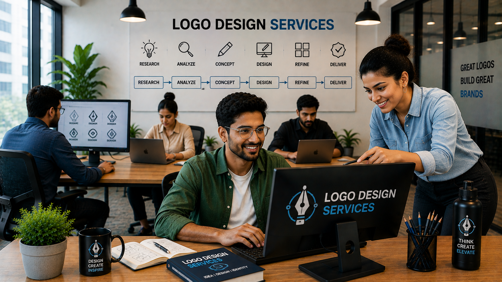 Brand designers reviewing logo concepts